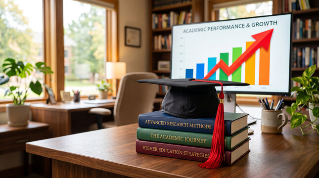 Graduation cap on a stack of academic books in a home office with a computer screen displaying a growth chart in the background