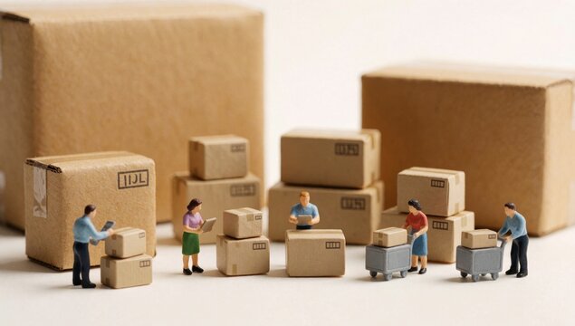 Group miniature people working warehouse there several large cardboard boxes stacked top each other brown colo