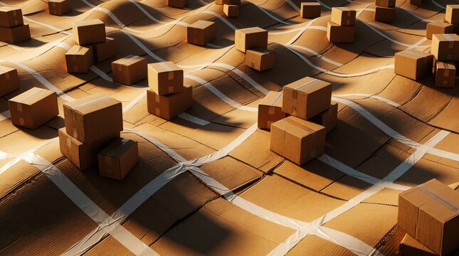 Cardboard boxes stack on wavy terrain marked with tape lines suggesting logistic challenges. Conceptual view of distribution and delivery networks, e-commerce growth.