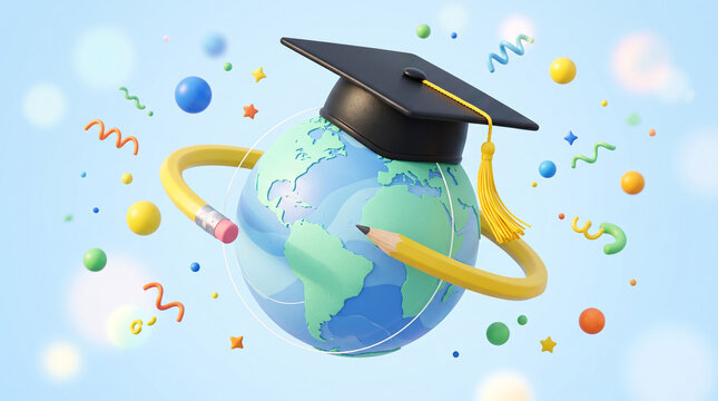 3d illustration of a globe wearing a graduation cap with a pencil circling it, representing global education and academic achievement