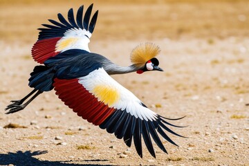 Fototapeta premium Grey crowned crane flies over dry ground. Bird shows colorful wings with red white yellow blue black. Animal has crest on head and long legs.