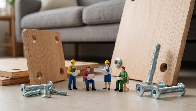 Group miniature people standing wooden floor living room there men women all wearing hard hats overalls holdin