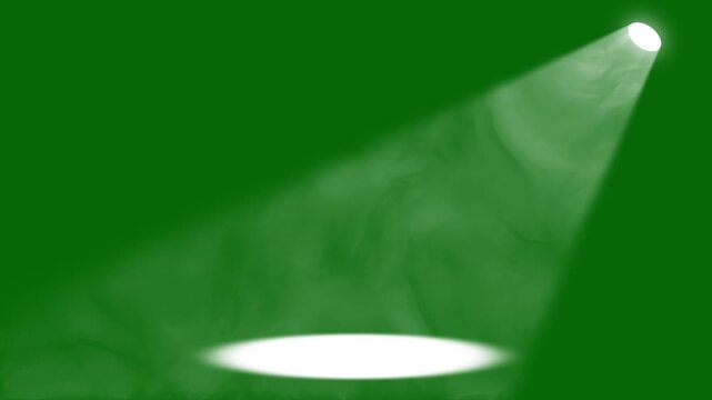 White single spotlight beam glowing on green screen stage floor, seamless chroma key animation, lighting equipment, creating a dramatic and mysterious atmosphere, perfect for short films, 4k loop