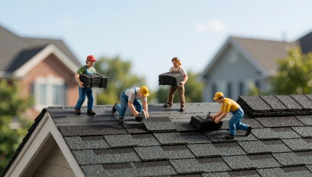 Group miniature people working roof house there men women all wearing hard hats overalls holding black shingle