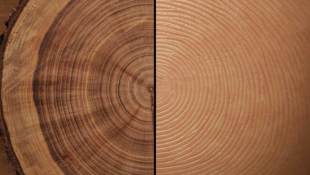 Natural wood rings texture, split tree trunk cross section, brown timber grain background, organic circular growth pattern