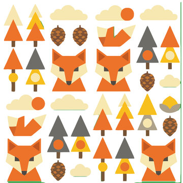 Geometric fox and forest elements pattern