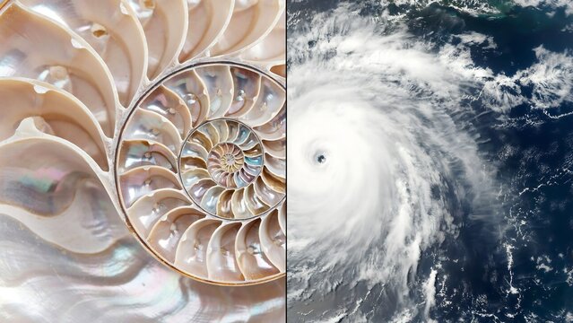 Fibonacci spiral comparison of nautilus shell and hurricane, golden ratio in nature, mathematical patterns in macro shell and satellite storm