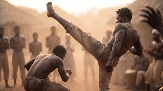 Capoeira fighters practicing traditional afro-brazilian martial art