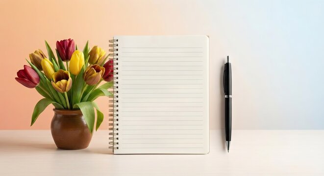 Tulips in brown vase beside spiral notebook and pen on white desk