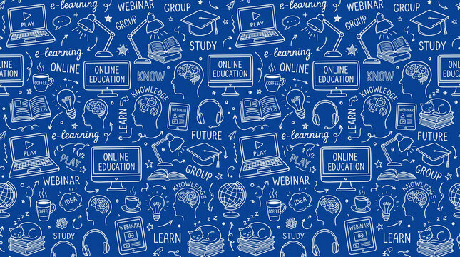 Seamless pattern with handdrawn online education and elearning icons on a blue background