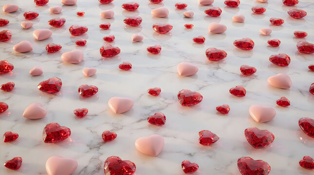 Many small shiny red heart shapes scattered on a light surface for a romantic love background