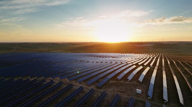 rows of solar panels in a field during sunset