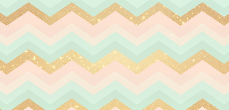 Repeating chevron pattern with gold glitter and pastel stripes