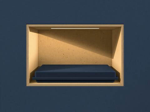 A rectangular wooden shelf frame with a dark blue platform base, featuring a soft light source casting a diagonal shadow on the textured back panel