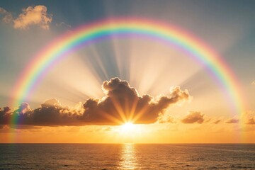 Obraz premium Bright rainbow arcs over ocean horizon at sunset. Golden sun rays shine through dark clouds above calm sea. Beautiful seascape shows colorful spectrum in blue sky. Peaceful nature view with sunbeams,