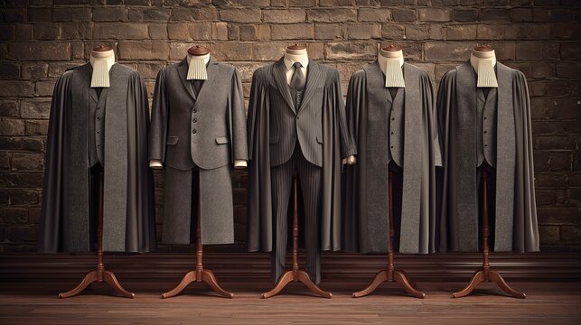 Six elegant black lawyer barrister wigs arranged above neatly pressed formal black legal robes and tailored trousers against a textured brick wall, warm golden sunlight illuminating premium fabric tex
