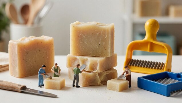 Collection miniature figurines people working kitchen there pieces soap stacked top each other white counterto