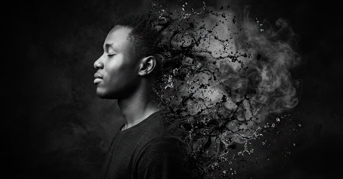 Man face dissolving into black particles