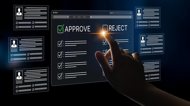 Digital Selection Process with Hand Touching Screen for Approving or Rejecting Applications in a Virtual Interface Background. Bitwise.