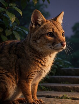 Close up of a wild canid like animal with golden fur sitting on stone stpic. Green foliage and dim light create mysterious atmosphere. Its large eyes watch intently.