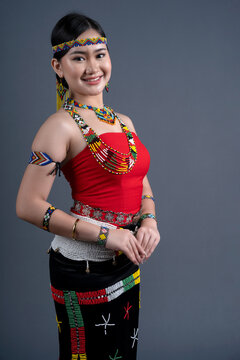 Portrait of young girl wearing a traditional cloth Simba Murut Tahol ethnic native of Sabah Borneo