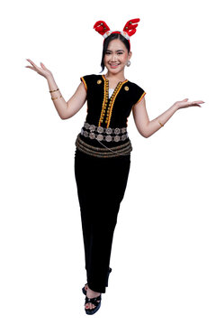 Portrait of Beautiful Malaysia Borneo Native Girl in Traditional Costumes with Christmas headband on white background