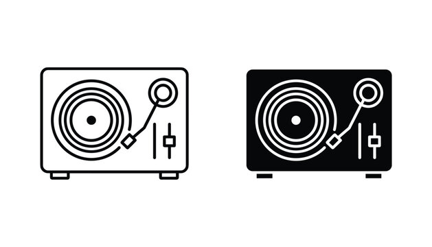 Turntable vector icon isolated on white Black and white outline line art and solid glyph silhouette