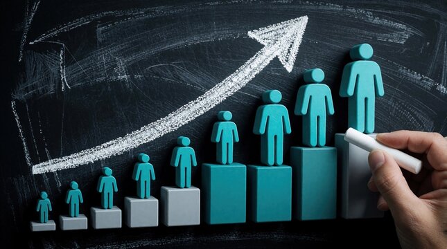 Business growth chart drawn on blackboard with white chalk. Hand places 3D human figures on rising bar graph. Small teal people icons increase in size on blue columns showing success, progress,
