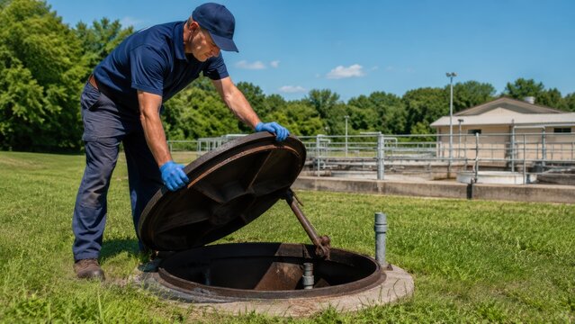 municipal utility worker lifting a heavy metal manhole cover on a grassy lawn beside a wastewater treatment facility