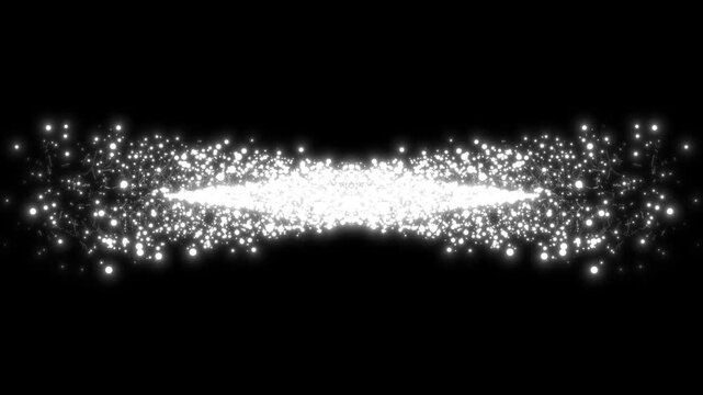 Glowing white particles converging into a luminous stream and separating across a black background
