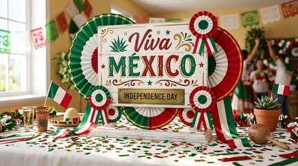 Naklejka premium Festive viva mexico sign decorated with traditional paper rosettes for mexican independence day celebration on a table