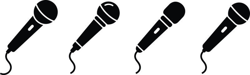 Obraz premium Four black and white microphone illustrations arranged in a simple repeating pattern on a white background