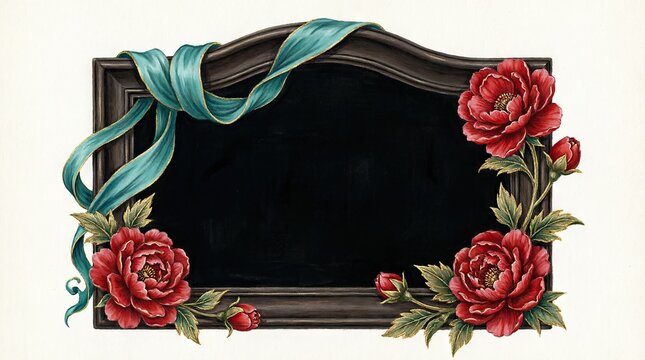 Decorative blackboard frame with roses and ribbon
