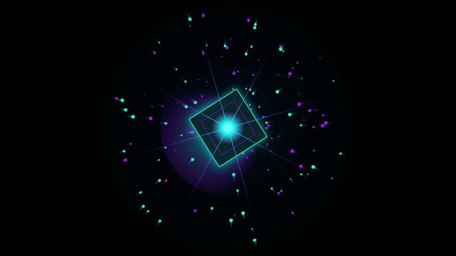 Abstract digital explosion with glowing particles and geometric square shapes