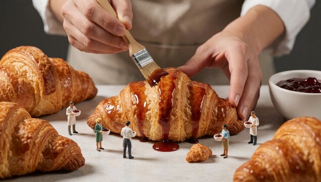 Person's hands holding paintbrush applying red sauce large croissant there several other croissants scattered