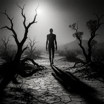 Tall emaciated creature walks through dark desert at night. Scary silhouette moves across cracked dry ground under bright moon. Eerie supernatural figure haunts lonely landscape with dead trees.