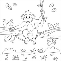 Fototapeta premium Cartoon monkey hanging from a branch with leaves and foliage isolated on transparent background