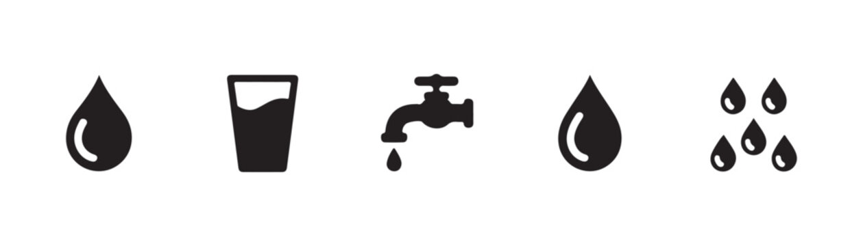 Clean water usage icons featuring liquid drop glass cup water tap with droplet and multiple falling rain drops.