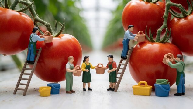 Group miniature people working tomato garden there all wearing green aprons blue overalls standing ladders hol