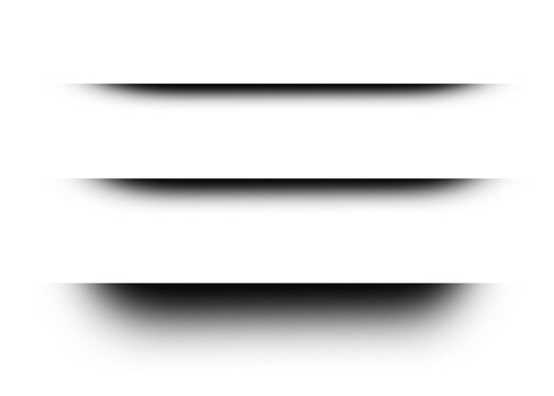 Realistic drop shadow effect vector set displays horizontal line shading dividers for paper tab edges. Black realistic gradient blur shade graphics are isolated on a white background.