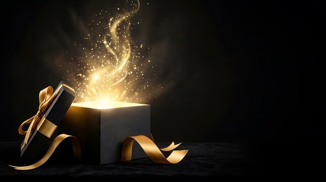 A magical luxury open gift box glowing with golden light and sparkling particles isolated on a dark background for festive holiday celebration concepts