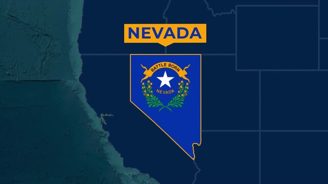Satellite map animation of Nevada USA. Blinking territory, state flag, pinned name, animated outline of the border. Concept for broadcast, social media, education.