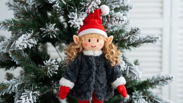 Christmas elf doll decoration hanging beside a snow covered Christmas tree indoors with festive holiday colors