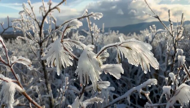 Macro 4K nature documentary clip capturing the delicate formation of sharp ice crystals and winter frost over the tiny branches of a wild shrub after a freezing night