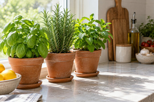 Culinary herbs in terracotta pots beside a kitchen window