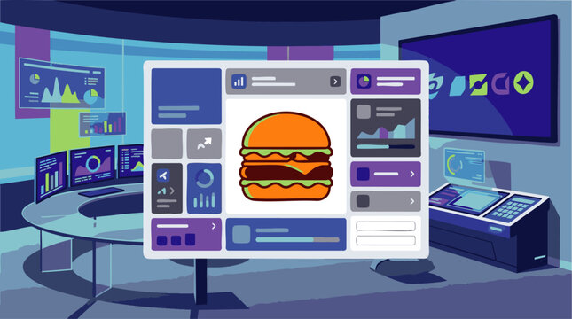 Vibrant minimalist doodle-style cheeseburger icon on futuristic digital menu screen, concept for fast food branding and casual dining graphics