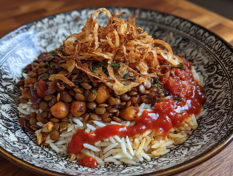 Egyptian kushari with lentils, rice, chickpeas, fried onions