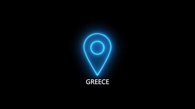 Neon blue location pin icon with the word GREECE on a black background GREECE map marker