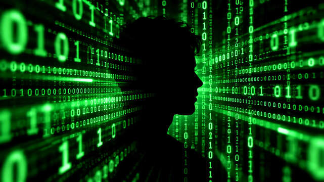 Silhouette of a human head against a bright green matrix background filled with glowing binary code and numbers.