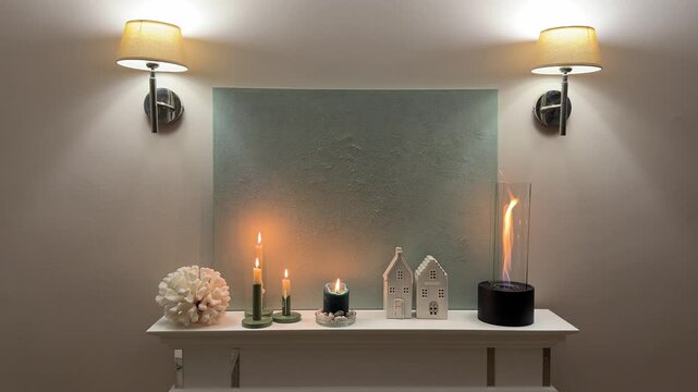 Horizontal 4K video showing a static wide shot of a white fireplace mantel shelf decorated with a tabletop bioethanol fireplace, burning candles, and ceramic houses.